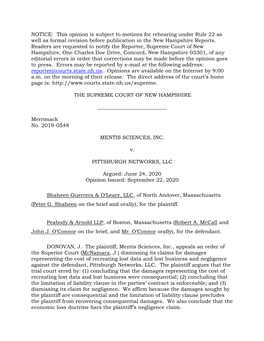 Mentis Sciences, Inc. V. Pittsburgh Networks