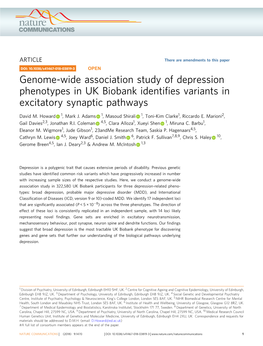 Genome-Wide Association Study of Depression Phenotypes in UK Biobank Identiﬁes Variants in Excitatory Synaptic Pathways