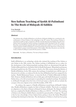 Neo Sufism Teaching of Syekh Al-Palimbani in the Book of Hidayah Al-Sa>Liki>N