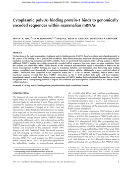 Cytoplasmic Poly(A) Binding Protein-1 Binds to Genomically Encoded Sequences Within Mammalian Mrnas