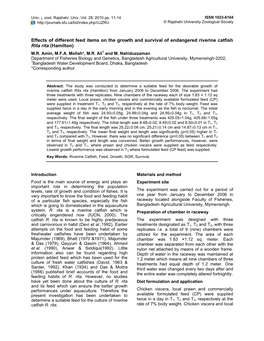 Effects of Different Feed Items on the Growth and Survival of Endangered Riverine Catfish Rita Rita (Hamilton) M.R