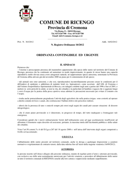 COMUNE DI RICENGO Provincia Di Cremona Via Roma, 8 – 26010 Ricengo Tel