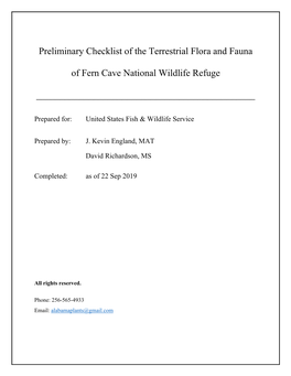 Preliminary Checklist of the Terrestrial Flora and Fauna of Fern Cave