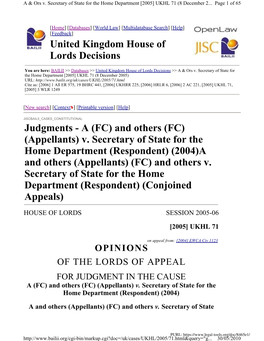 United Kingdom House of Lords Decisions Judgments