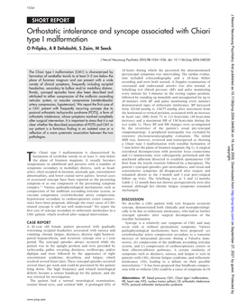 Orthostatic Intolerance and Syncope Associated with Chiari Type I Malformation O Prilipko, a R Dehdashti, S Zaim, M Seeck