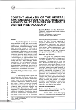 Content Analysis of the General Awareness of Footand Mouth Disease Amoung Dairy Farmers of Thrissur District in Kerala State*