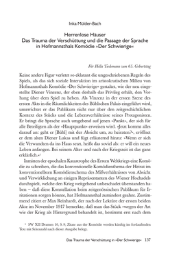 Herrenlose Häuser Das Trauma Der Verschüttung Und Die Passage Der Sprache in Hofmannsthals Komödie »Der Schwierige«