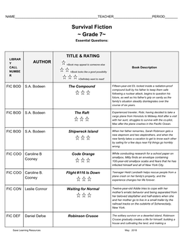 Survival Fiction ~ Grade 7~ Essential Questions