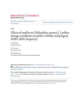 Effects of Sunflower (Helianthus Annuus L.) Pollen Storage Conditions on Pollen Viability and Progeny Mdh1 Allelic Frequency W