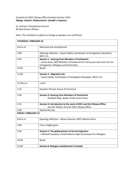 Schedule for MCC Ottawa Office Student Seminar 2016 Refuge