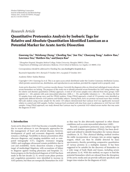 Quantitative Proteomics Analysis by Isobaric Tags for Relative and Absolute Quantitation Identiﬁed Lumican As a Potential Marker for Acute Aortic Dissection