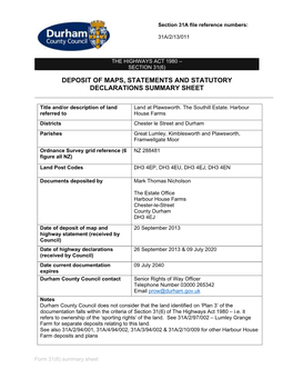 Deposit of Maps, Statements and Statutory Declarations Summary Sheet