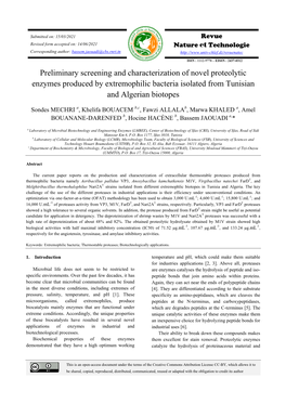 Preliminary Screening and Characterization of Novel Proteolytic Enzymes Produced by Extremophilic Bacteria Isolated from Tunisian and Algerian Biotopes