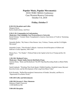 Popular Music, Popular Movement(S) 2018 CWRU MGSA Conference Case Western Reserve University October 5-6, 2018