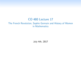 CO 480 Lecture 17 the French Revolution, Sophie Germain and History of Women in Mathematics