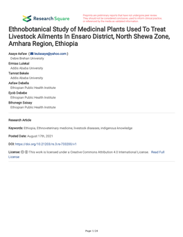 Ethnobotanical Study of Medicinal Plants Used to Treat Livestock Ailments in Ensaro District, North Shewa Zone, Amhara Region, Ethiopia