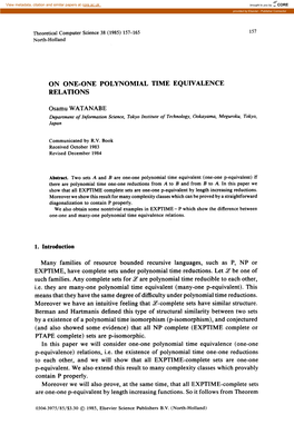 On One-One Polynomial Time Equivalence Relations