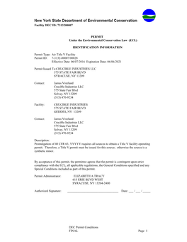 7313200007 DEC Permit Conditions FINAL Page 1 PERMIT Under The