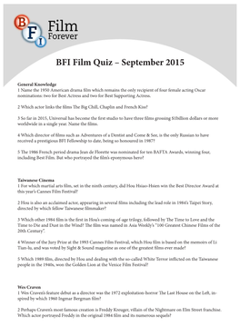 BFI Film Quiz – September 2015