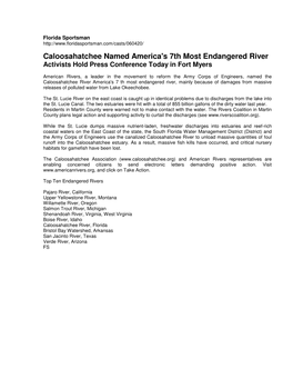 Caloosahatchee Named America's 7Th Most Endangered River Activists Hold Press Conference Today in Fort Myers