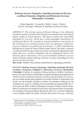 Bothrops Leucurus (Serpentes, Viperidae) Preying on Micrurus Corallinus (Serpentes, Elapidae) and Blarinomys Breviceps (Mammalia, Cricetidae)