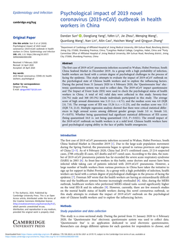 Psychological Impact of 2019 Novel Coronavirus (2019-Ncov) Outbreak in Health Workers in China