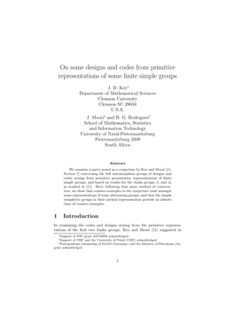 On Some Designs and Codes from Primitive Representations of Some ﬁnite Simple Groups