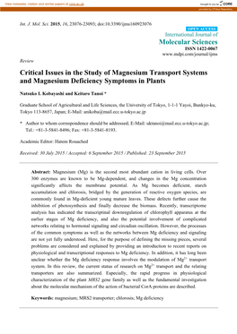 Critical Issues in the Study of Magnesium Transport Systems and Magnesium Deficiency Symptoms in Plants