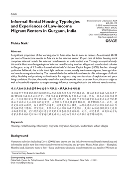 Informal Rental Housing Typologies and Experiences of Low-Income