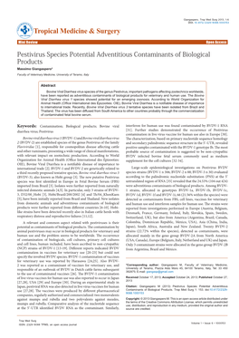 Pestivirus Species Potential Adventitious Contaminants of Biological Products Massimo Giangaspero* Faculty of Veterinary Medicine, University of Teramo, Italy