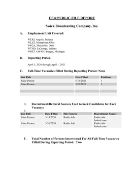 EEO PUBLIC FILE REPORT Swick Broadcasting Company, Inc