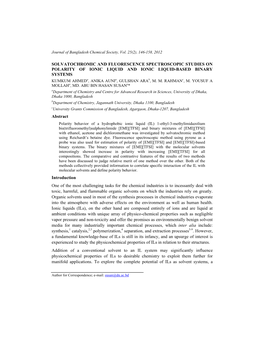 SOLVATOCHROMIC and FLUORESCENCE SPECTROSCOPIC STUDIES on POLARITY of IONIC LIQUID and IONIC LIQUID-BASED BINARY SYSTEMS Abstract