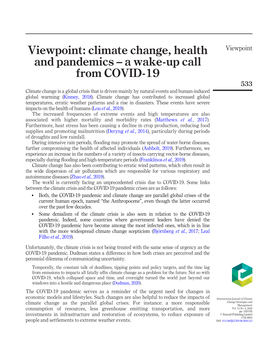 Viewpoint: Climate Change, Health and Pandemics – a Wake-Up Call From