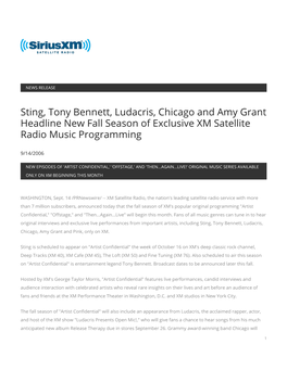 Sting, Tony Bennett, Ludacris, Chicago and Amy Grant Headline New Fall Season of Exclusive XM Satellite Radio Music Programming