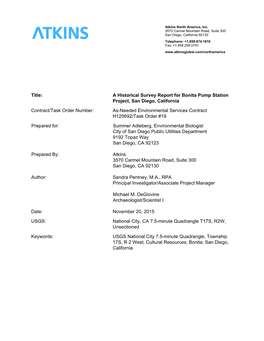 A Historical Survey Report for Bonita Pump Station Project, San Diego, California