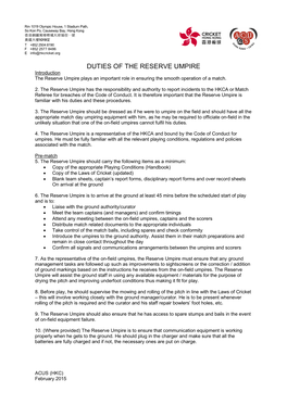 DUTIES of the RESERVE UMPIRE Introduction the Reserve Umpire Plays an Important Role in Ensuring the Smooth Operation of a Match