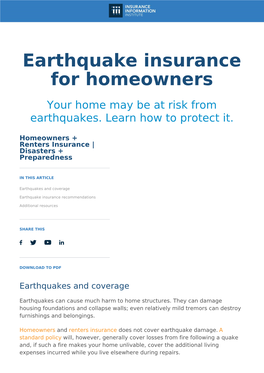 Earthquake Insurance for Earthquake Insurance for Homeowners Homeowners