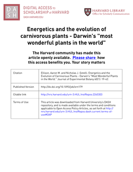 Energetics and the Evolution of Carnivorous Plants - Darwin's 