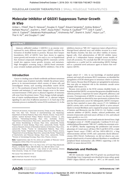 Molecular Inhibitor of QSOX1 Suppresses Tumor Growth in Vivo Amber L