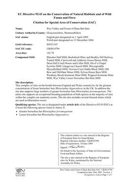Wye Valley & Forest of Dean Bat Sites SAC Citation