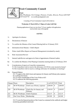 Yscir Community Council Risk Assessment (Reviewed at Meeting on 21.03.18) Details Frequen Current Comments/Actions Cy