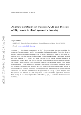 Anomaly Constraint on Massless QCD and the Role of Skyrmions in Chiral Symmetry Breaking