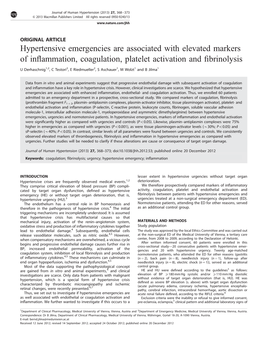 Hypertensive Emergencies Are Associated with Elevated Markers of Inﬂammation, Coagulation, Platelet Activation and ﬁbrinolysis