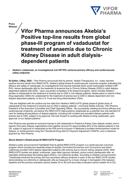 Vifor Pharma Announces Akebia's Positive Top-Line Results from Global