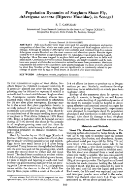 Population Dynamics of Sorghum Shoot Fly, Atherigona Soccata (Diptera: Muscidae), in Senegal