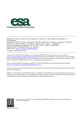 Habitat Persistence Underlies Intraspecific Variation in the Dispersal Strategies of Planthoppers Author(S): Robert F
