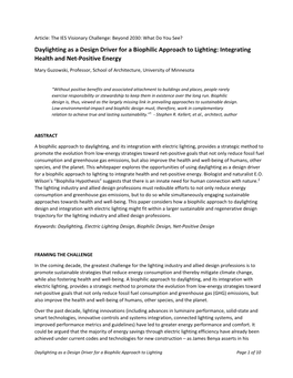 Daylighting As a Design Driver for a Biophilic Approach to Lighting: Integrating Health and Net‐Positive Energy