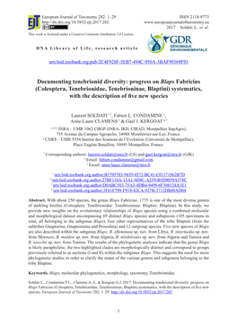 Progress on Blaps Fabricius (Coleoptera, Tenebrionidae, Tenebrioninae, Blaptini) Systematics, with the Description of Five New Species