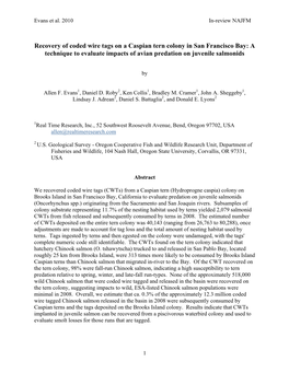 Recovery of Coded Wire Tags on a Caspian Tern Colony in San Francisco Bay: a Technique to Evaluate Impacts of Avian Predation on Juvenile Salmonids