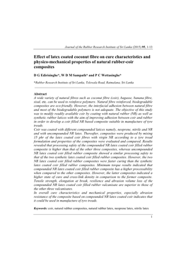 Effect of Latex Coated Coconut Fibre on Cure Characteristics and Physico-Mechanical Properties of Natural Rubber-Coir Composites